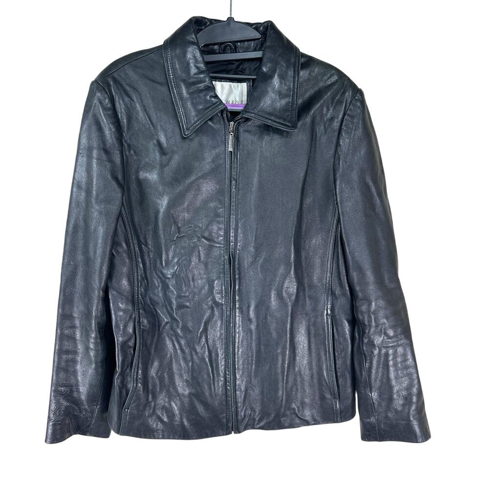 Nine West Black Leather Jacket Women’s Large Zip Front Moto Retro Boho Chic